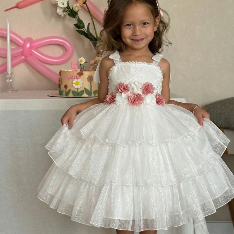 Organza Rosette Sleeveless Midi Dresses - White - 8Y - image 1
