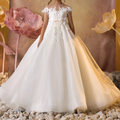 Embroidery Mesh Rosette Backless Cap Sleeve Maxi Dresses - White - 14-15Y - image 1