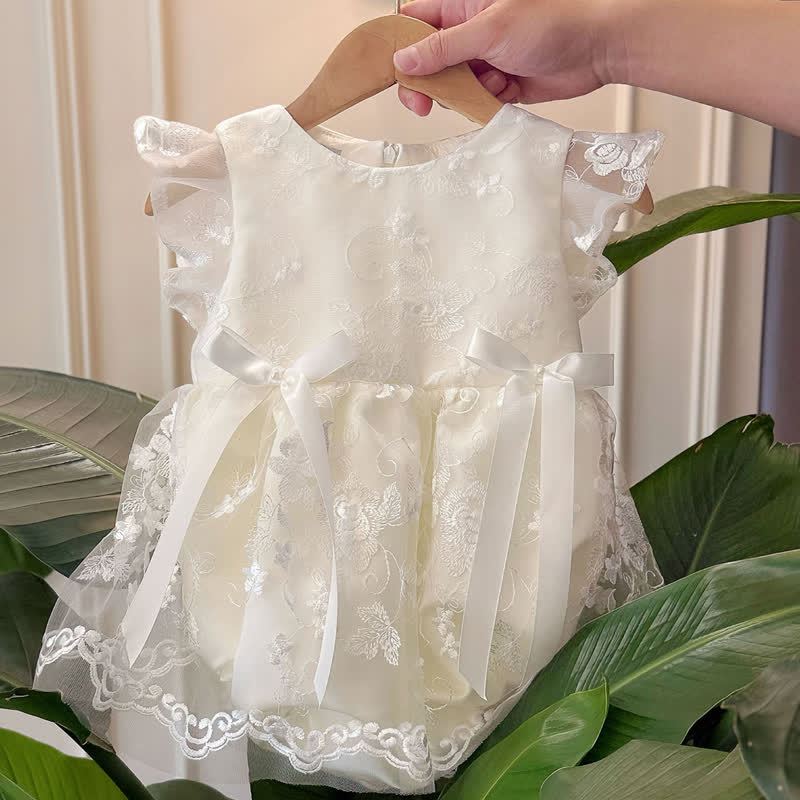 Embroidery Mesh Bow Embroidery Cap Sleeve Short Bodysuit - image 6