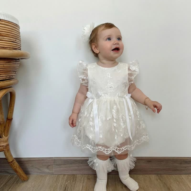 Embroidery Mesh Bow Embroidery Cap Sleeve Short Bodysuit - image 4