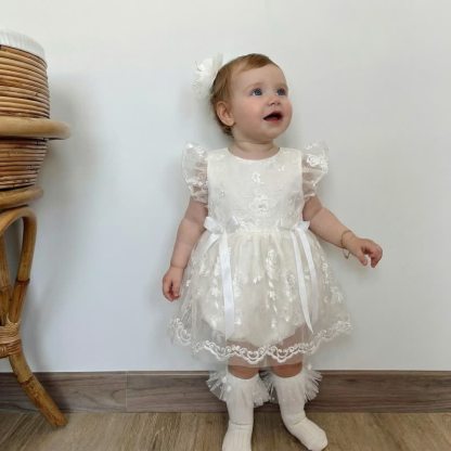 Embroidery Mesh Bow Embroidery Cap Sleeve Short Bodysuit - image 4