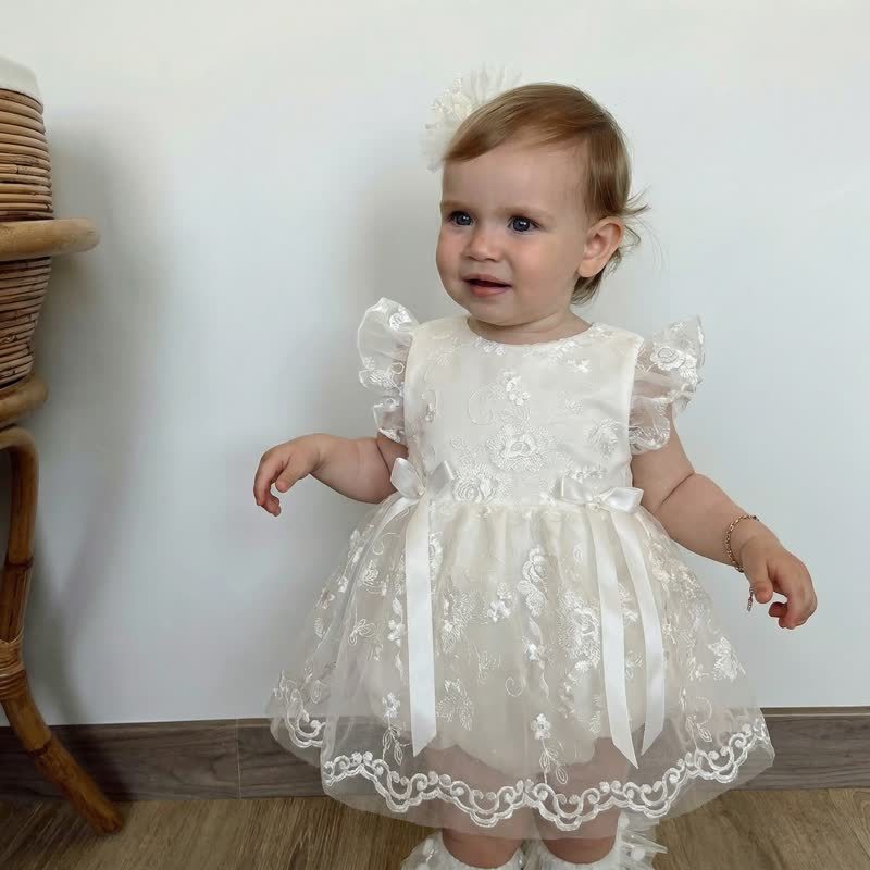 Embroidery Mesh Bow Embroidery Cap Sleeve Short Bodysuit - image 3