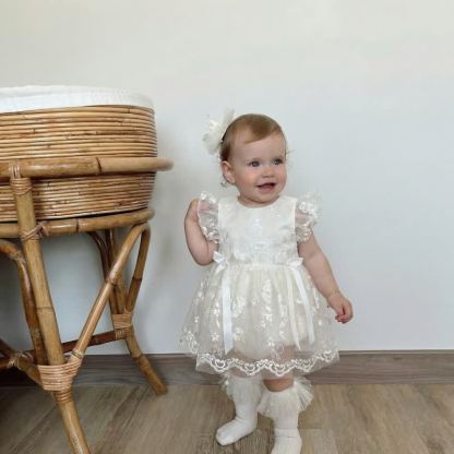 Embroidery Mesh Bow Embroidery Cap Sleeve Short Bodysuit - image 5