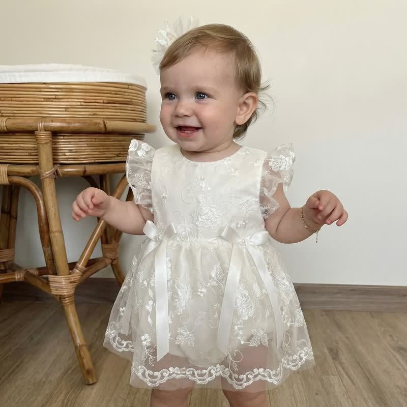 Embroidery Mesh Bow Embroidery Cap Sleeve Short Bodysuit - Beige - 1Y - image 1