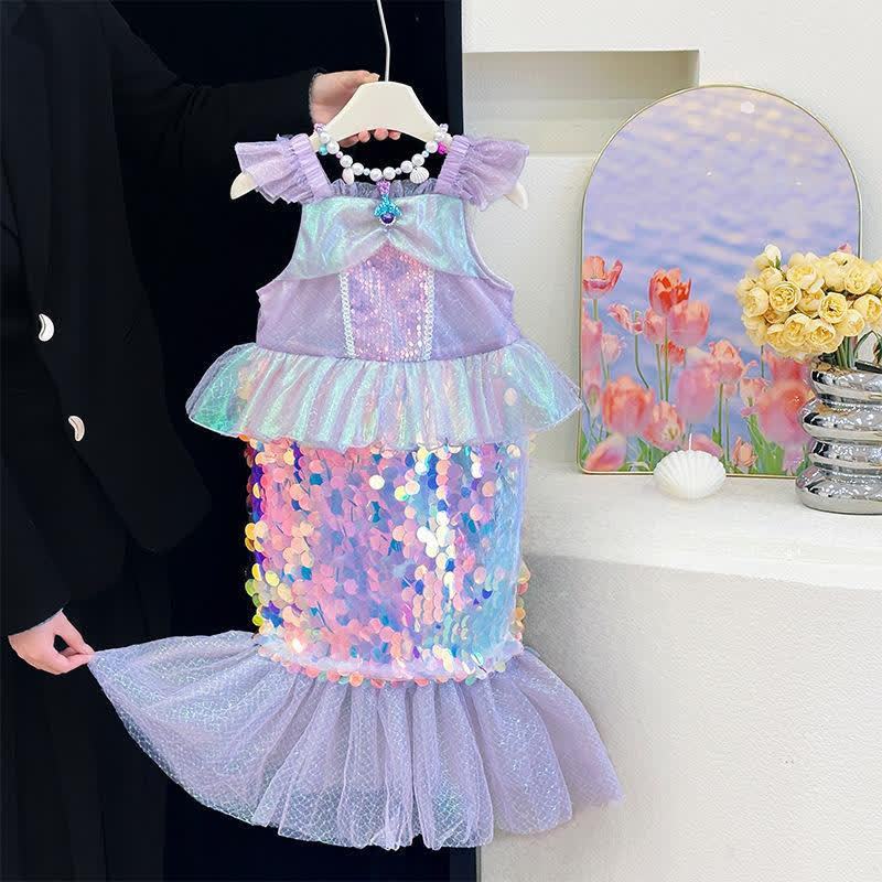 Glitter & Mesh Sequins Cap Sleeve Short Dresses - Light Purple - 10-12Y - image 1