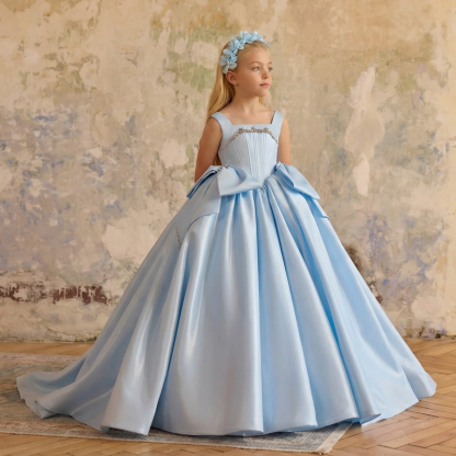 Satin Bow Rhinestone Sleeveless Maxi Dresses - Blue - 2-3Y - image 1