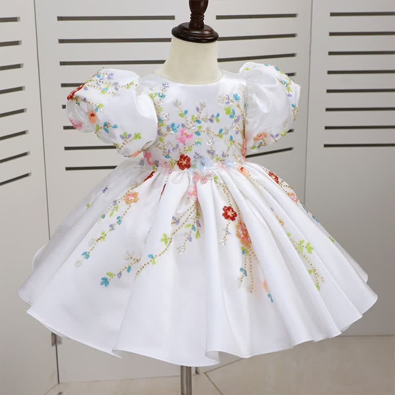 Satin Applique Short Sleeve Midi Dresses - White - 7-8Y - image 1