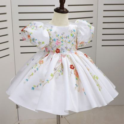Satin Applique Short Sleeve Midi Dresses - White - 7-8Y - image 1