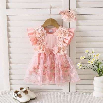 100% Cotton Split Joint Rosette Cap Sleeve Midi Bodysuit - Pink - 9-12M - image 12