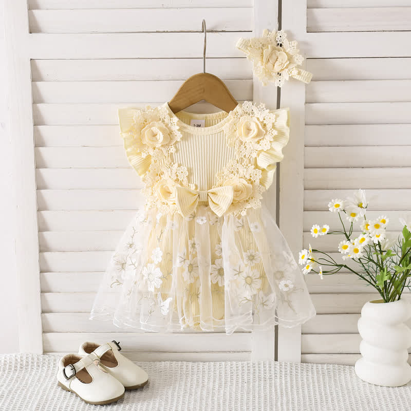 100% Cotton Split Joint Rosette Cap Sleeve Midi Bodysuit - Light Yellow - 9-12M - image 3