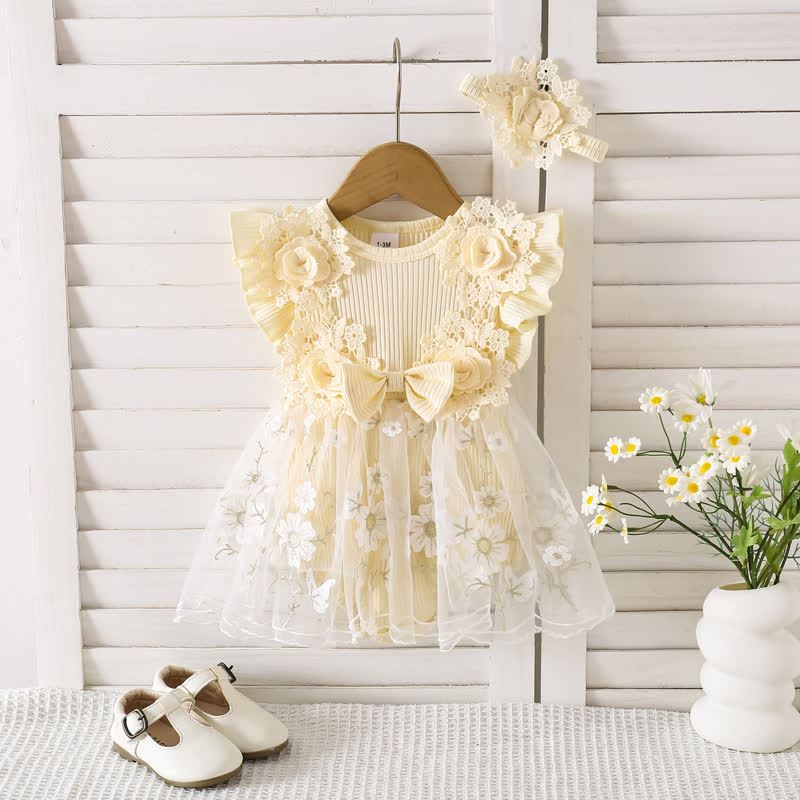 100% Cotton Split Joint Rosette Cap Sleeve Midi Bodysuit - Light Yellow - 9-12M - image 12