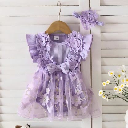 100% Cotton Split Joint Rosette Cap Sleeve Midi Bodysuit - Purple - 9-12M - image 21
