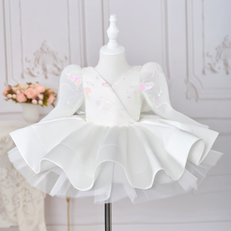 Satin Bow Long Sleeve Midi Dresses - White - 7-8Y - image 1