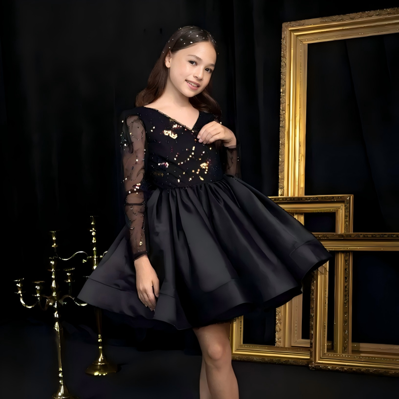 Satin Bow Long Sleeve Midi Dresses - Black - 7-8Y - image 4