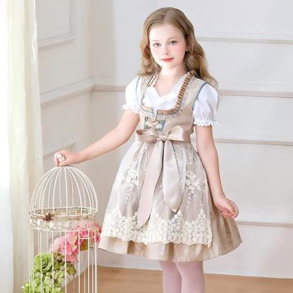 Chemical Fiber Blend Drawcord Short Sleeve Midi Top With Dress & Apron - Brown - 11-12Y - image 2