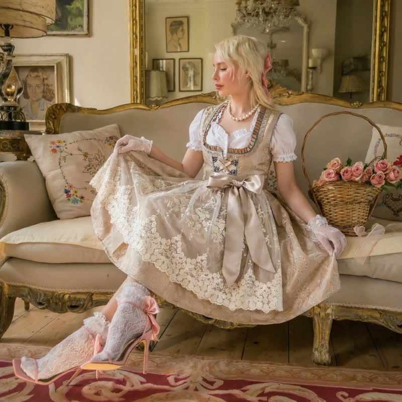 Chemical Fiber Blend Drawcord Short Sleeve Midi Top With Dress & Apron - Brown - XL - image 12