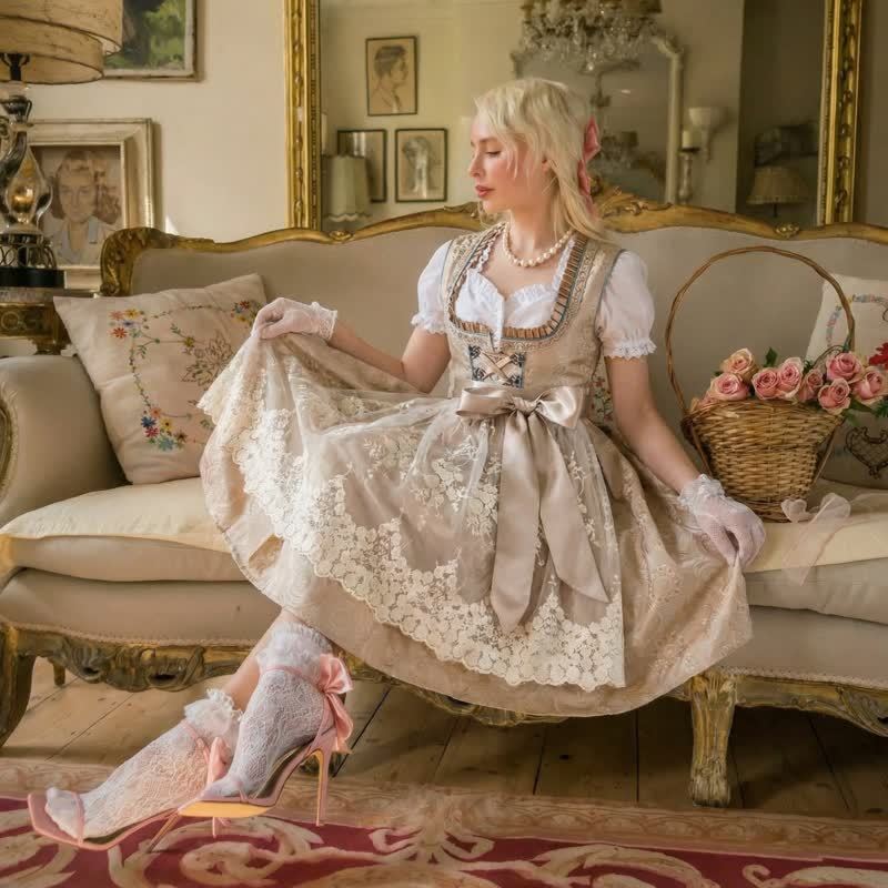 Chemical Fiber Blend Drawcord Short Sleeve Midi Top With Dress & Apron - Brown - XL - image 12