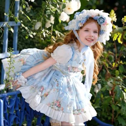 Polyester Cotton Stitching Lace Floral-embroidered Short Sleeve Short Dresses - Light Blue - 13-14Y - image 1