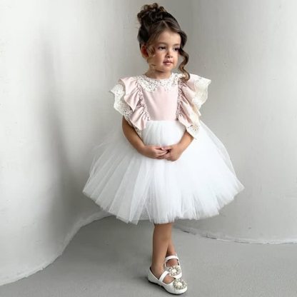 Mesh Split Joint Cap Sleeve Midi Dresses - Pink - 5Y - image 1