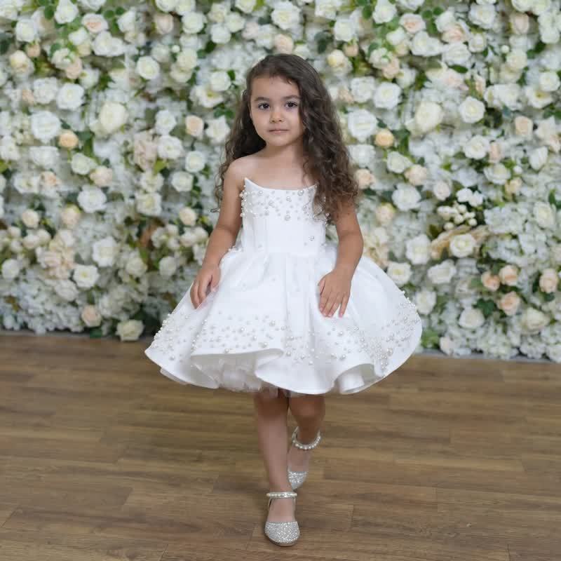 Satin Pearl Sleeveless Short Dresses - White - 5Y - image 1