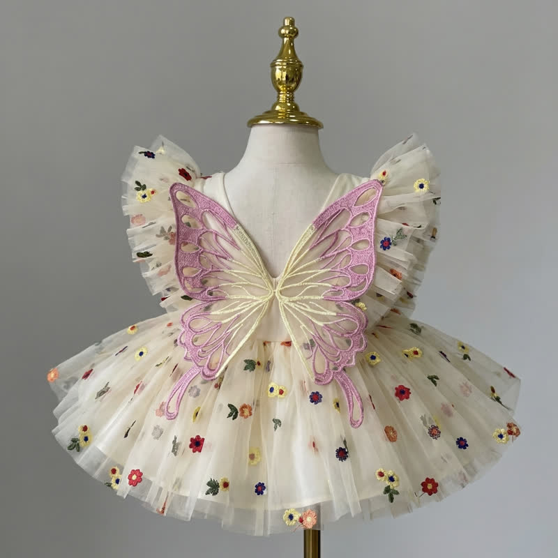 Mesh Butterfly Cap Sleeve Short Dresses - Ivory - 5Y - image 1