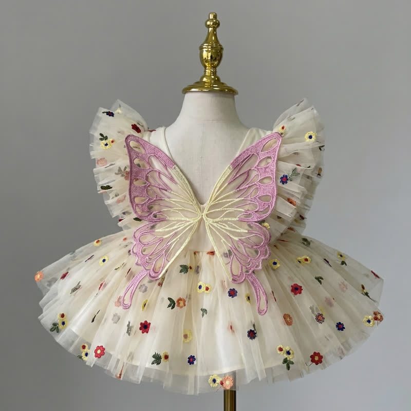 Mesh Butterfly Cap Sleeve Short Dresses - Ivory - 5Y - image 1