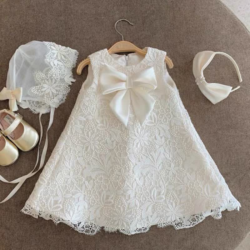 Lace Bow Sleeveless Midi Dresses - White - 11-13Y - image 1