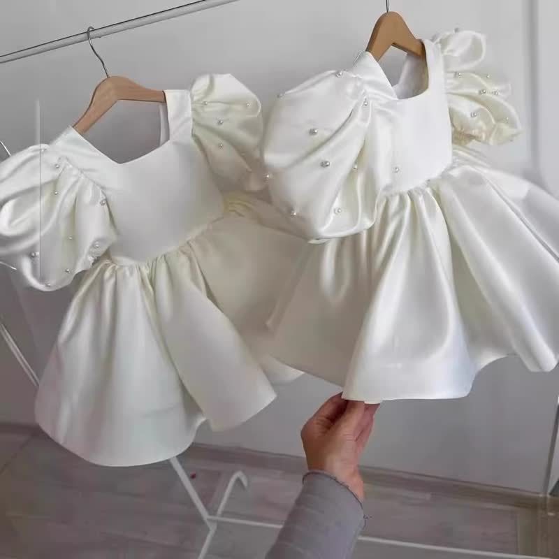 Satin Bow Short Sleeve Midi Dresses - White - 15-16Y - image 8