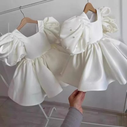 Satin Bow Short Sleeve Midi Dresses - White - 15-16Y - image 8