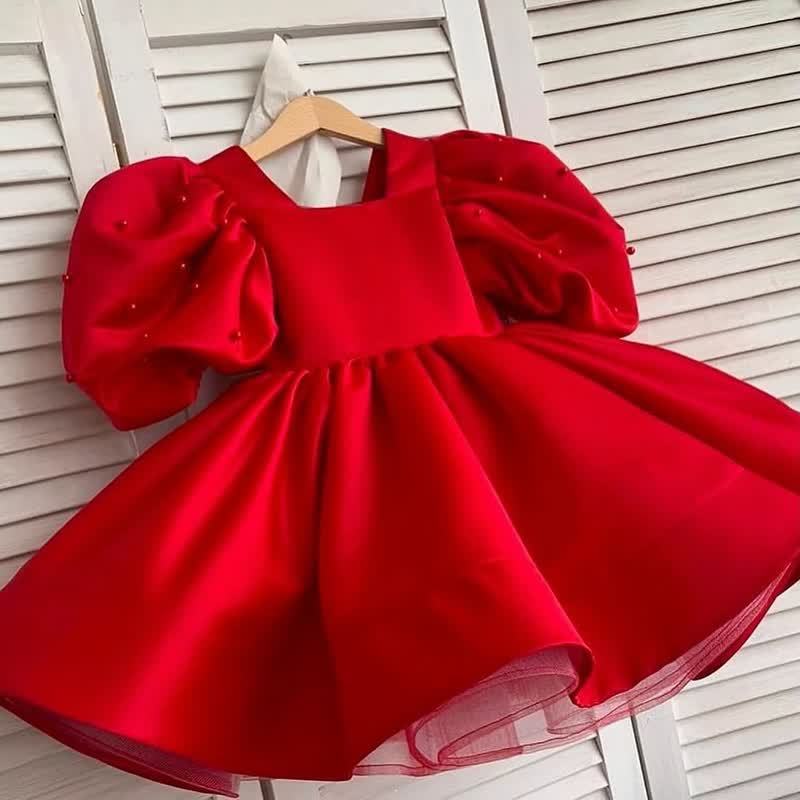 Satin Bow Short Sleeve Midi Dresses - Red - 15-16Y - image 9