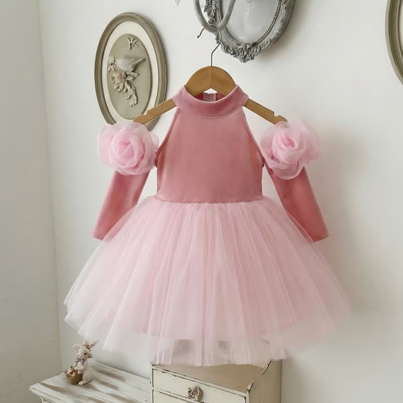 Velvet Split Joint Three Quarter Sleeve Midi Dresses Without Glove - Pink - 11-13Y - image 1