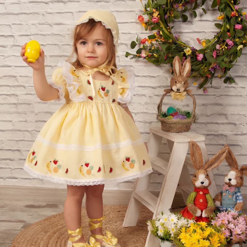 Cotton And Linen Stitching Lace Embroidery Short Sleeve Midi Dresses - Light Yellow - 4Y - image 1