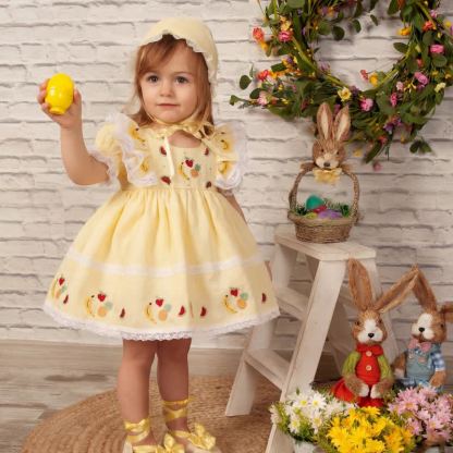 Cotton And Linen Stitching Lace Embroidery Short Sleeve Midi Dresses - Light Yellow - 4Y - image 1