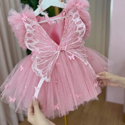 Mesh Pearl Butterfly Short Sleeve Short Dresses - image 3