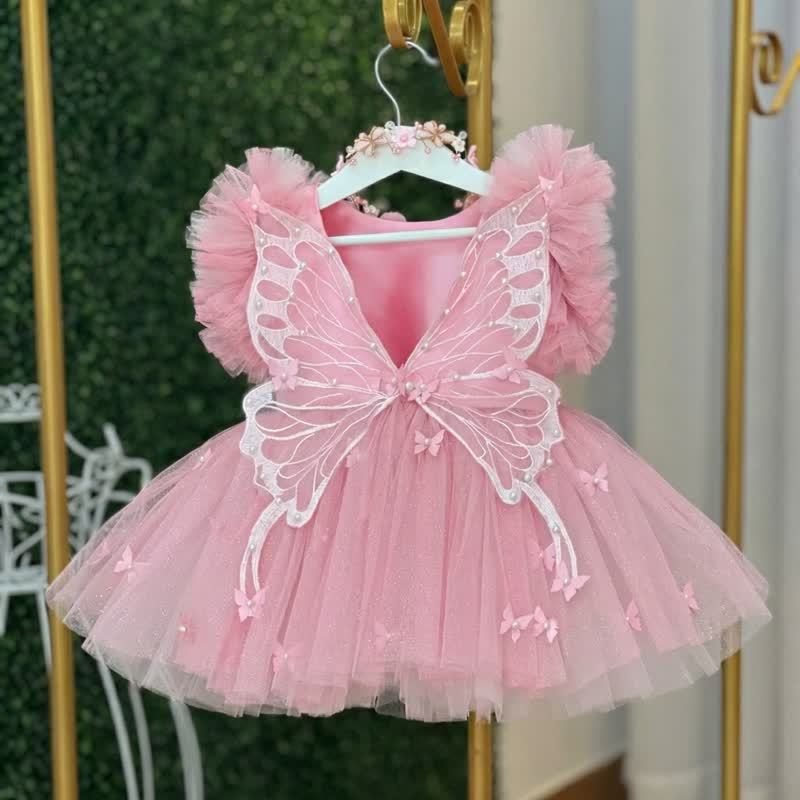 Mesh Pearl Butterfly Short Sleeve Short Dresses - Pink - 3Y - image 1