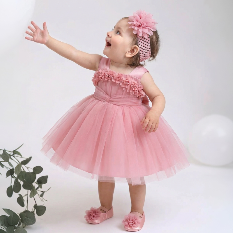 Elegant Mesh Rosette Birthday Dress Matching Set – 3PCS Baby Girl Outfit with Headband & Shoes - Dark Pink - 12-18M - image 1