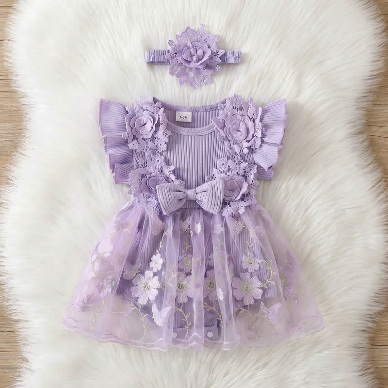 100% Cotton Split Joint Rosette Cap Sleeve Midi Bodysuit - Purple - 9-12M - image 1