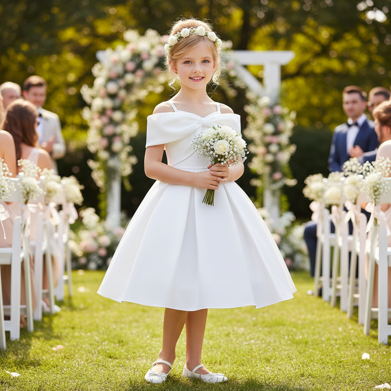 Satin Bow Cap Sleeve Midi Dresses - White - 9-10Y - image 1
