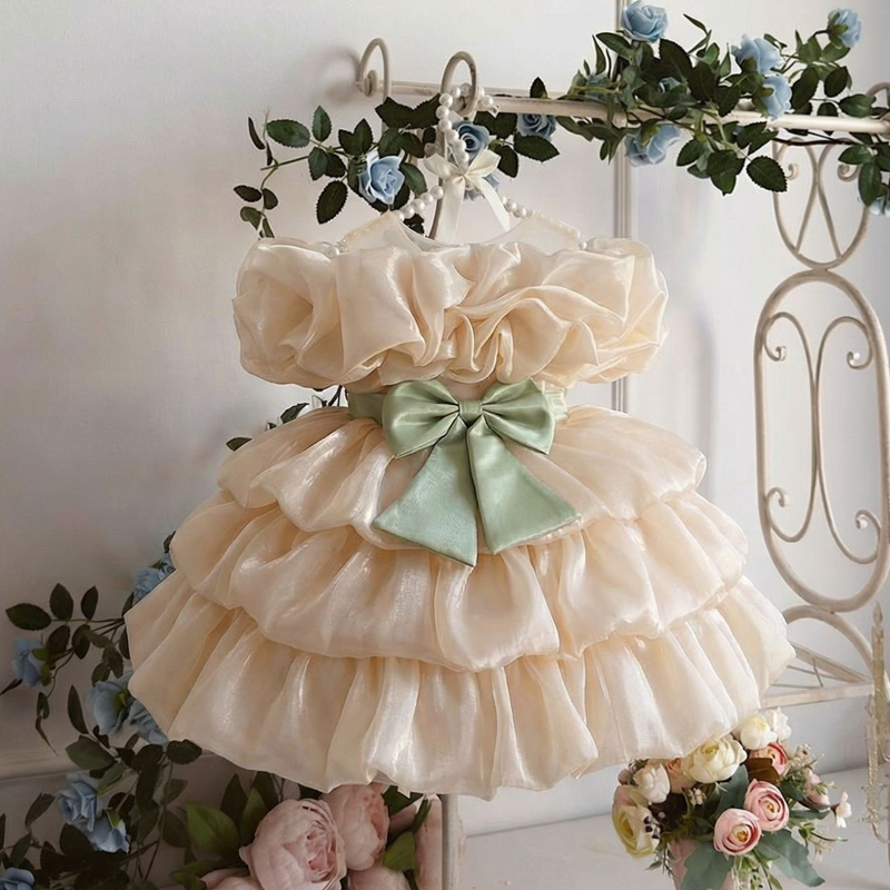 Organza Folds Bow Short Sleeve Mid-long Dresses - Champagne - 2-3Y - image 1