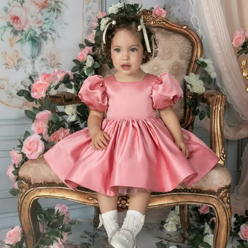 Satin Bow Short Sleeve Midi Dresses - Pink - 15-16Y - image 1