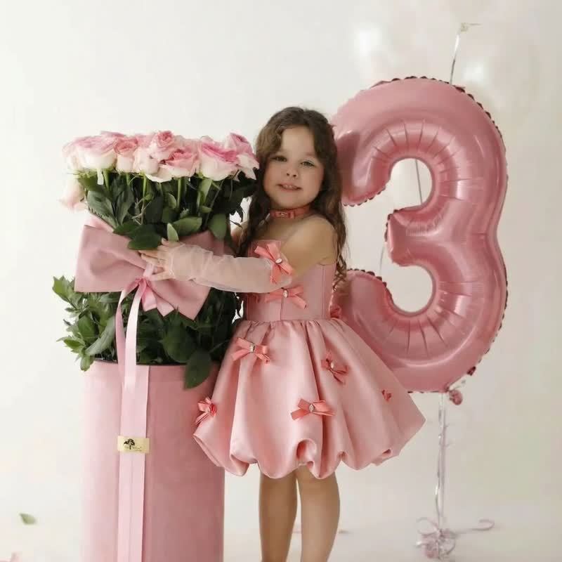 Satin Bow Sleeveless Short Dresses - Pink - 13-14Y - image 1