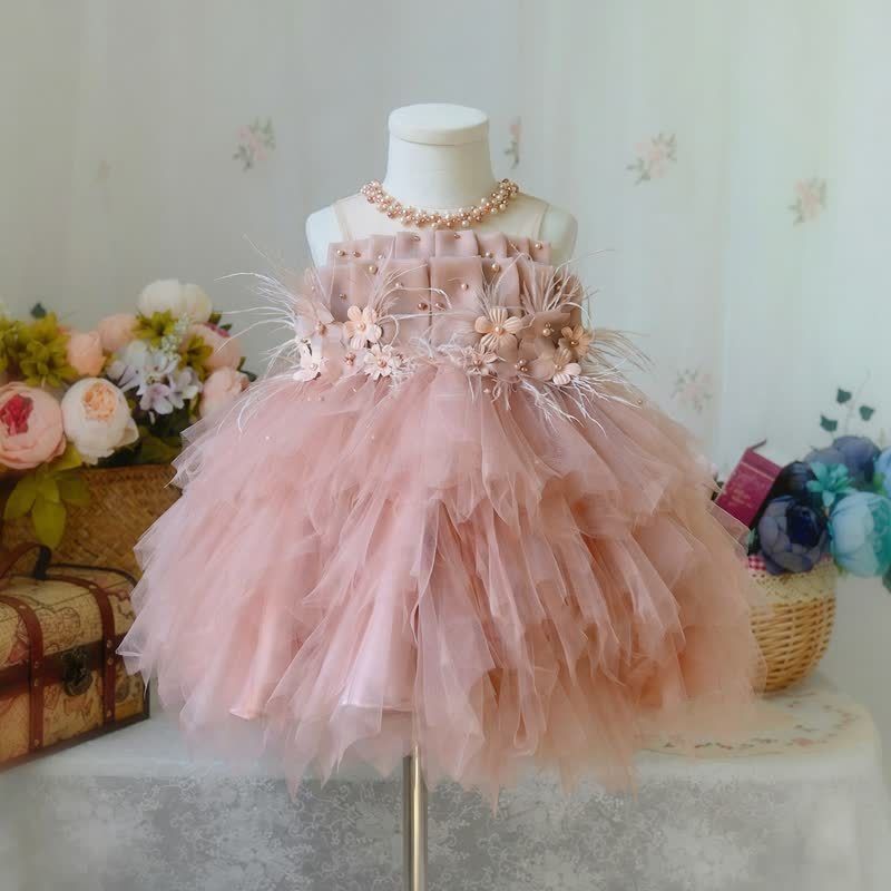 Mesh Rosette Pearl Sleeveless Short Dresses - Pink - 15-16Y - image 1