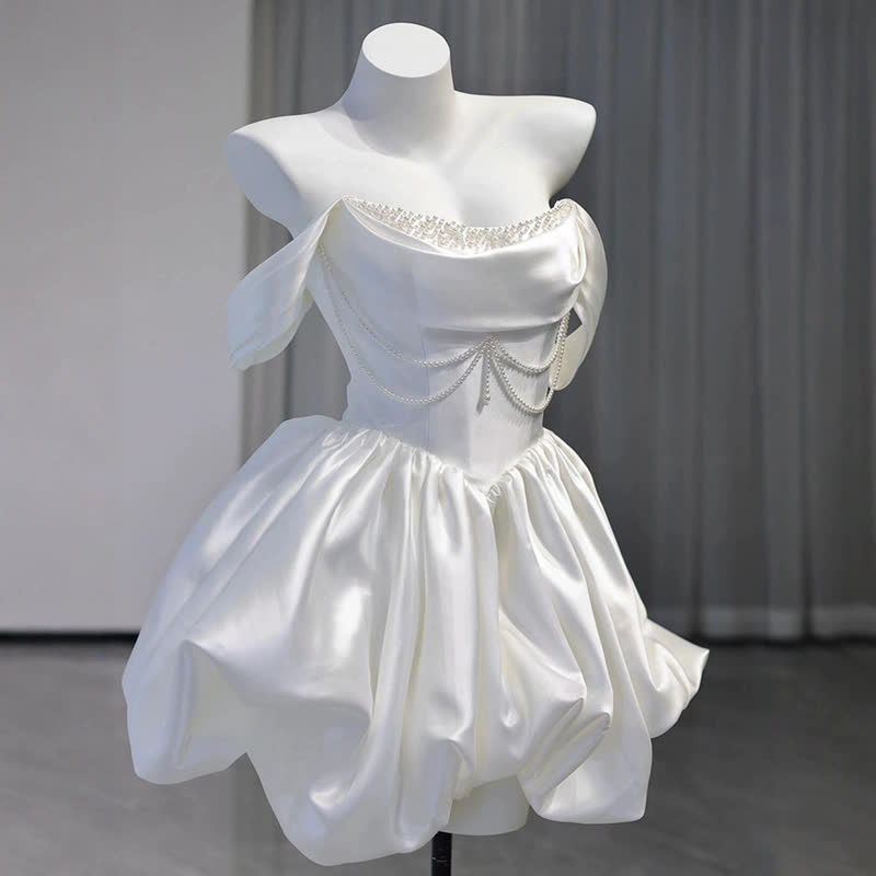 Women Satin Pearl Sleeveless Short Dresses - image 5