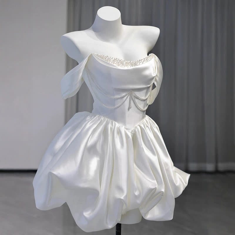 Women Satin Pearl Sleeveless Short Dresses - image 5