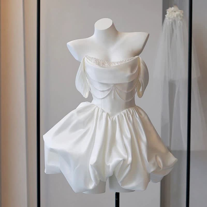 Women Satin Pearl Sleeveless Short Dresses - image 4