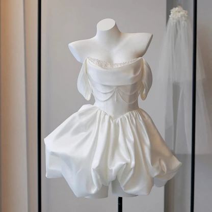 Women Satin Pearl Sleeveless Short Dresses - image 4