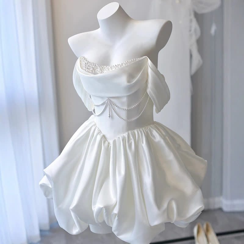 Women Satin Pearl Sleeveless Short Dresses - White - XL - image 1