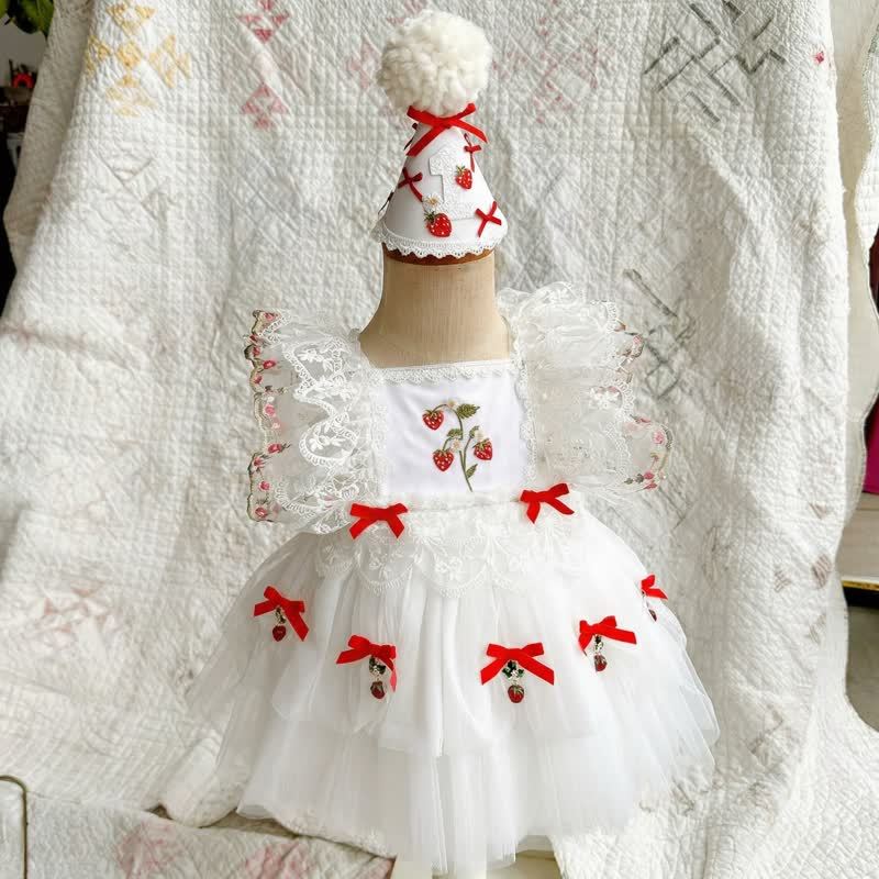 Mesh Lace Edge Bow Cap Sleeve Short Dresses - White - 4Y - image 1