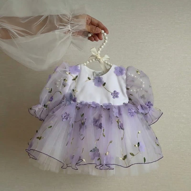 Mesh Rosette Embroidery Short Sleeve Short Dresses - Light Purple - 4Y - image 1