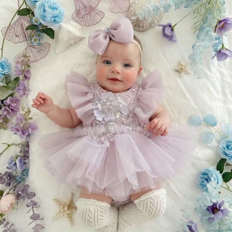 Mesh Folds Rosette Cap Sleeve Short Dresses WIth Hairband - Light Purple - 3Y - image 1